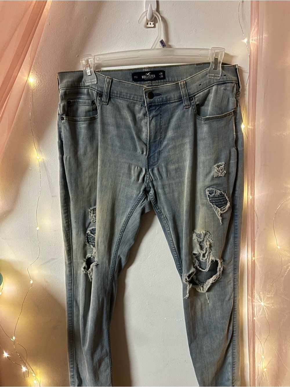 Hollister Light Wash Distressed Skinny Jeans Men's W36 L32 Stretch Denim